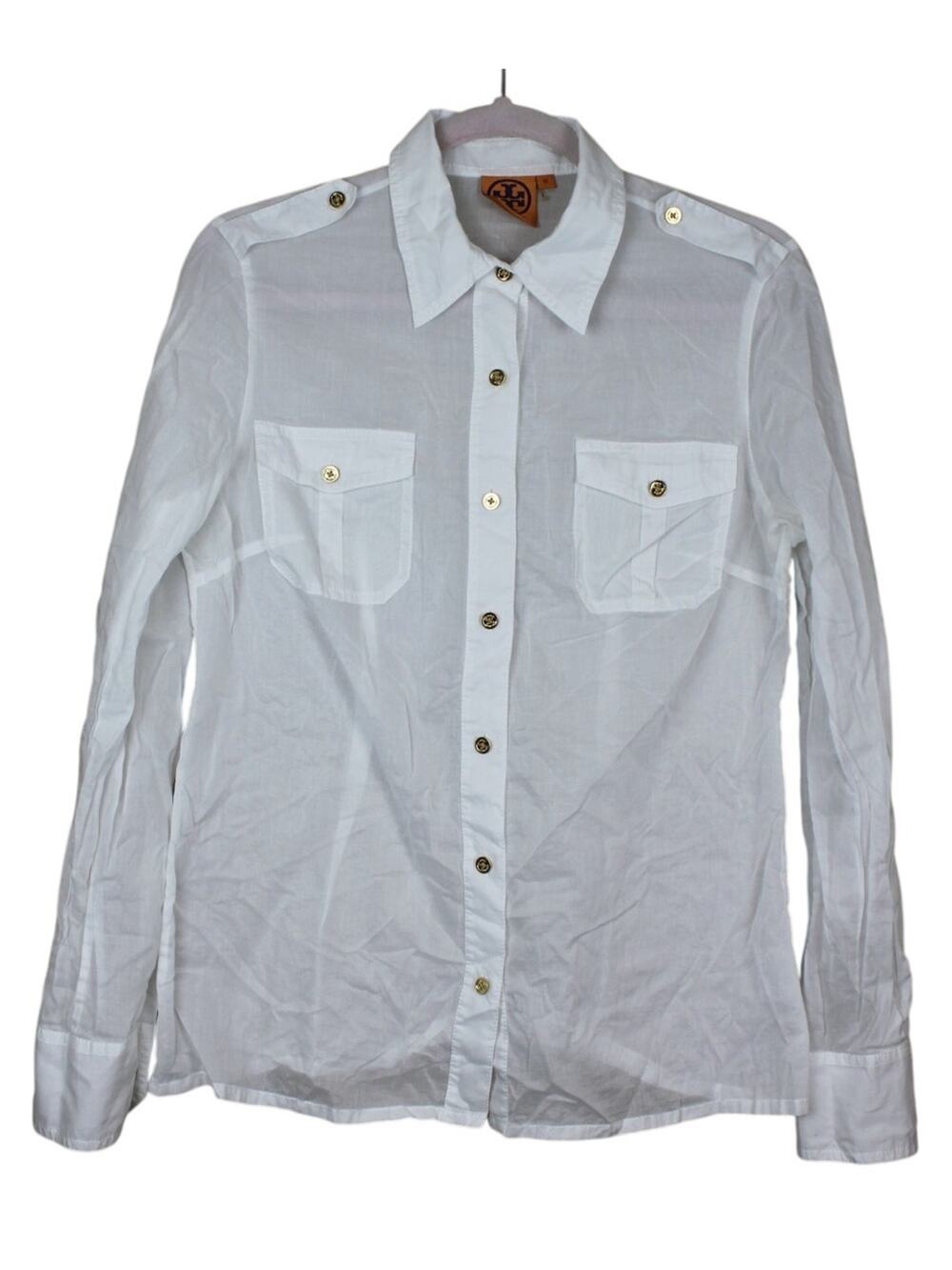 Tory Burch White Lightweight Cotton Long Sleeve Button Up Blouse Top Size 10
